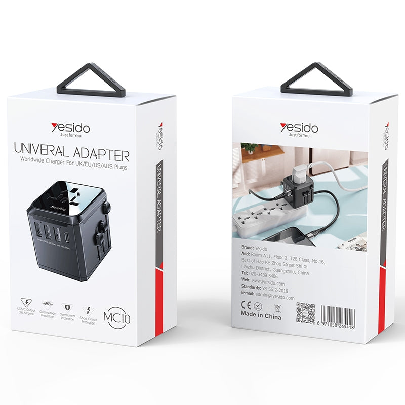 Yesido MC10 Travel netværksoplader, 12W, 2.4A, 1 x USB-C - 3 x USB-A, Sort