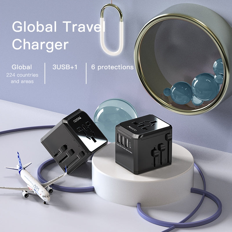 Yesido MC10 Travel netværksoplader, 12W, 2.4A, 1 x USB-C - 3 x USB-A, Sort