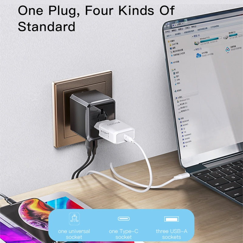 Yesido MC10 Travel netværksoplader, 12W, 2.4A, 1 x USB-C - 3 x USB-A, Sort