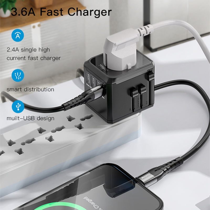 Yesido MC10 Travel netværksoplader, 12W, 2.4A, 1 x USB-C - 3 x USB-A, Sort