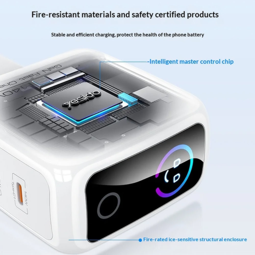 Yesido YC114 netoplader med display, 140W, 5A, 1 x USB-A - 2 x USB-C, hvid