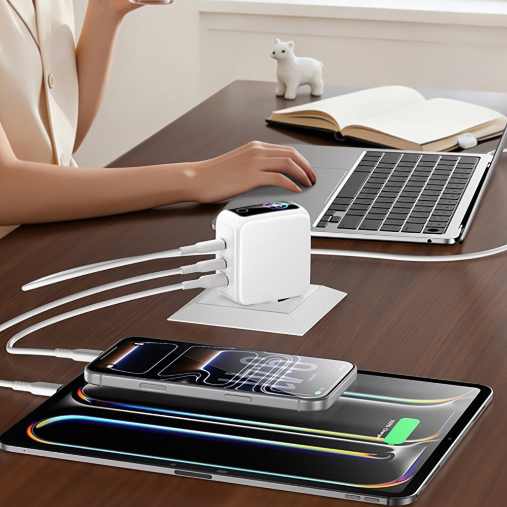 Yesido YC114 netoplader med display, 140W, 5A, 1 x USB-A - 2 x USB-C, hvid