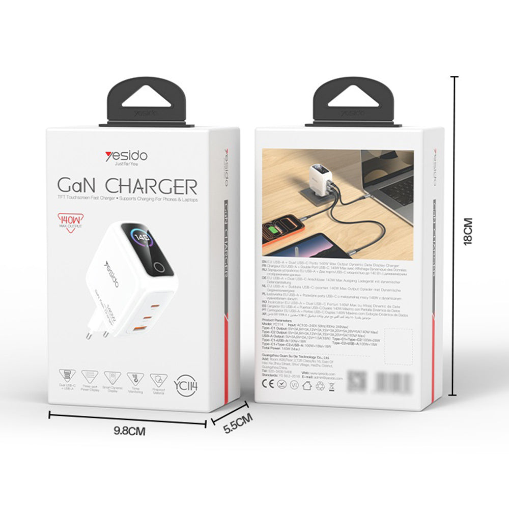 Yesido YC114 netoplader med display, 140W, 5A, 1 x USB-A - 2 x USB-C, hvid