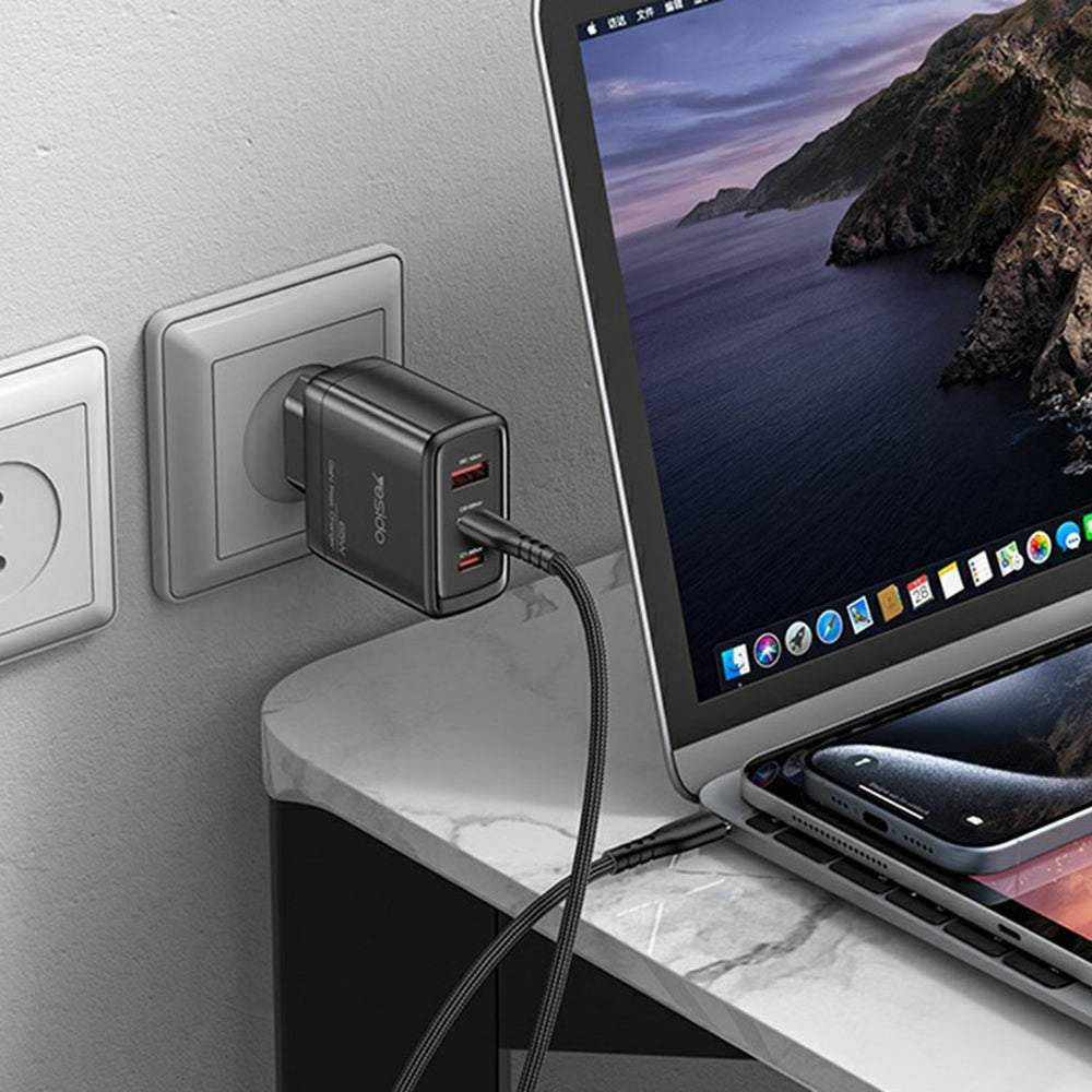 Netværksoplader Yesido YC144, 65W, 3.25A, 1 x USB-A - 2 x USB-C, Sort