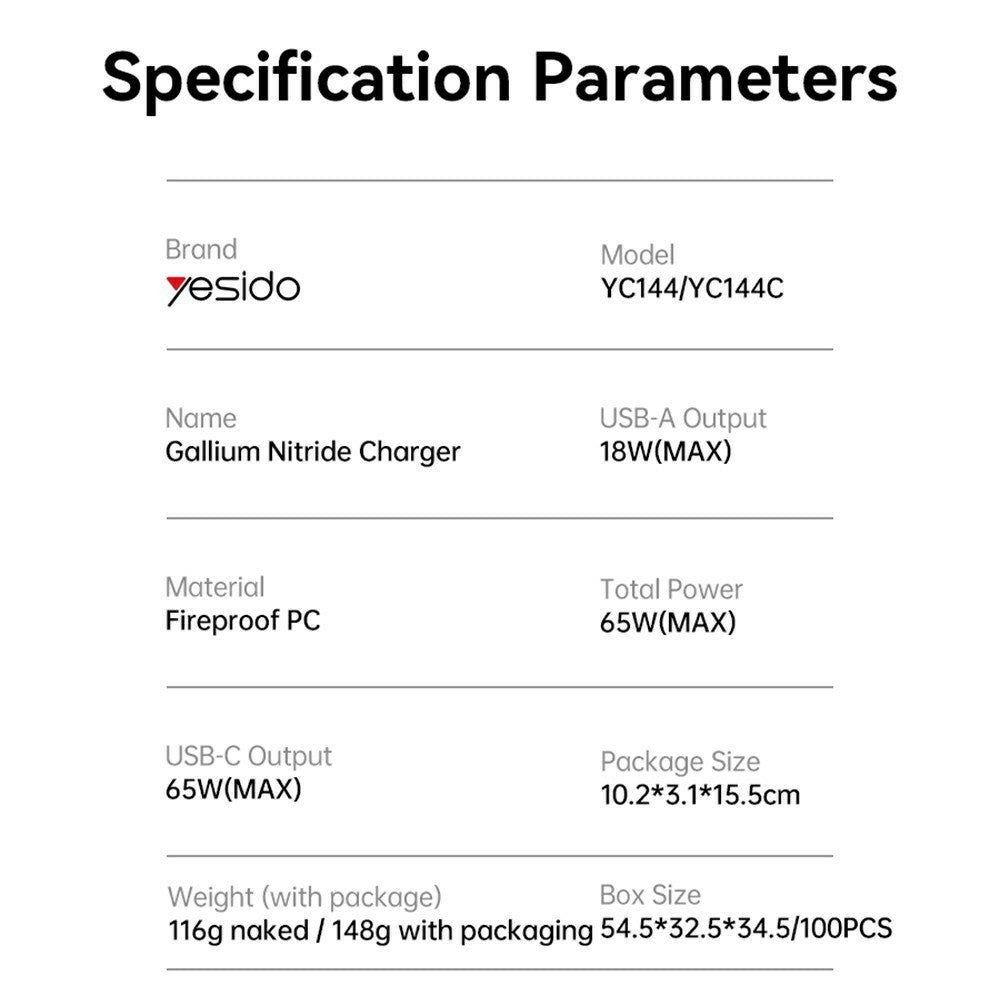 Netværksoplader Yesido YC144, 65W, 3.25A, 1 x USB-A - 2 x USB-C, Sort
