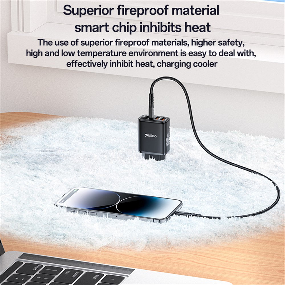 Yesido YC67 Network Charger Display, 17W, 2.4A, 1 x USB-C - 2 x USB-A, Black