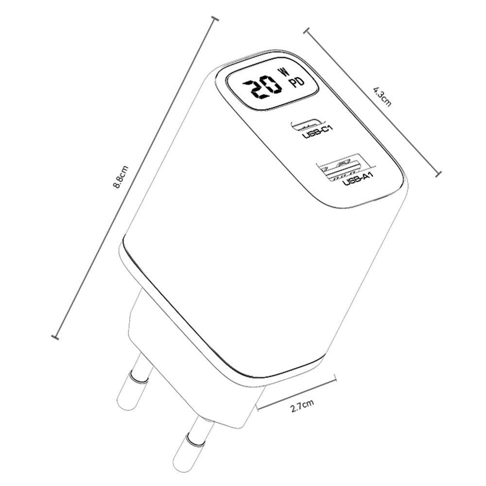 Netværksoplader Yesido YC68, 20W Display, 3A, 1 x USB-A - 1 x USB-C, Sort