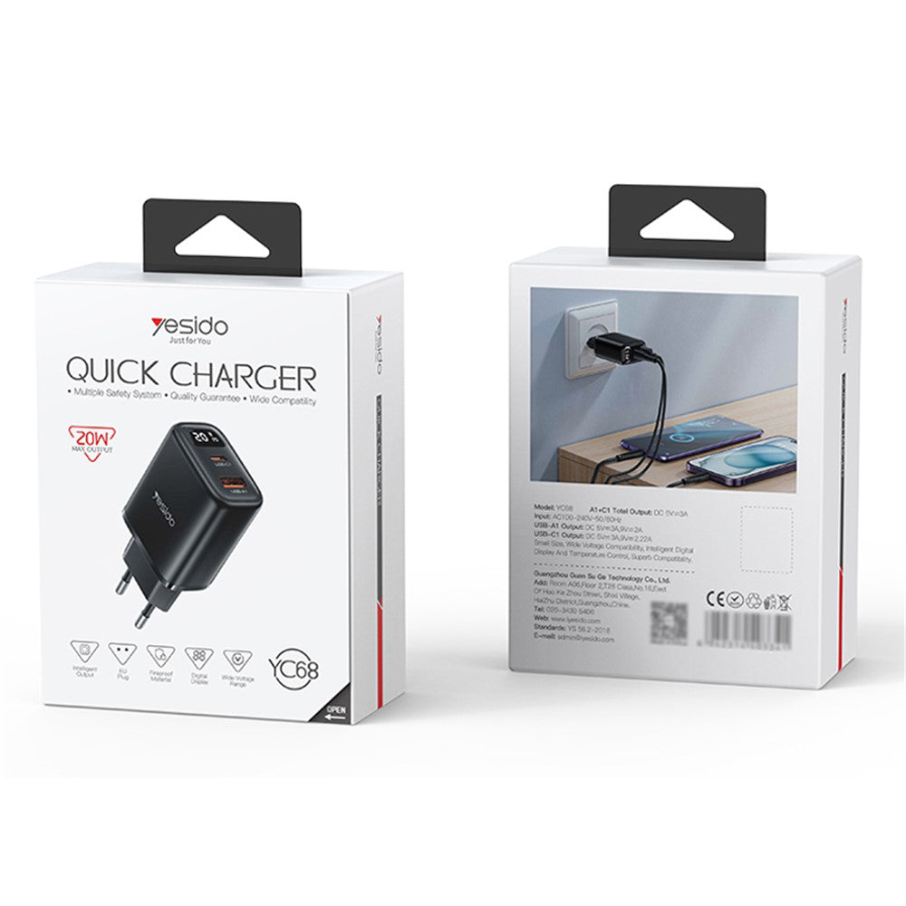 Netværksoplader Yesido YC68, 20W Display, 3A, 1 x USB-A - 1 x USB-C, Sort