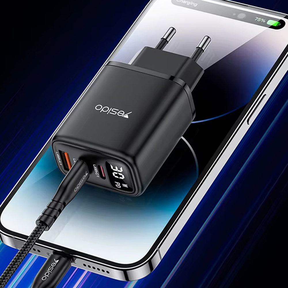 Netværksoplader Yesido YC69 Display, 30W, 3A, 1 x USB-A - 2 x USB-C, Sort