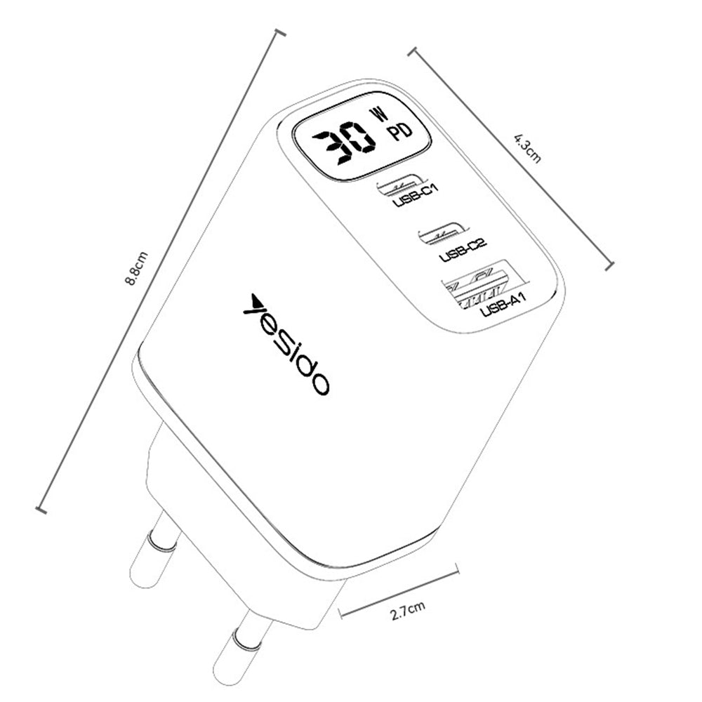 Netværksoplader Yesido YC69 Display, 30W, 3A, 1 x USB-A - 2 x USB-C, Sort