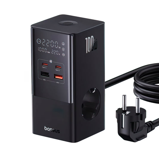 Baseus PowerCombo Tower opladerstation, 100W, 5A, 2 x Schuko - 2 x USB-A - 2 x USB-C, Sort E00023609113-00