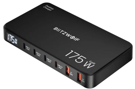 BlitzWolf BW-S30 Opladerstation, 175W, 5A, 2 x USB-A - 4 x USB-C, Sort