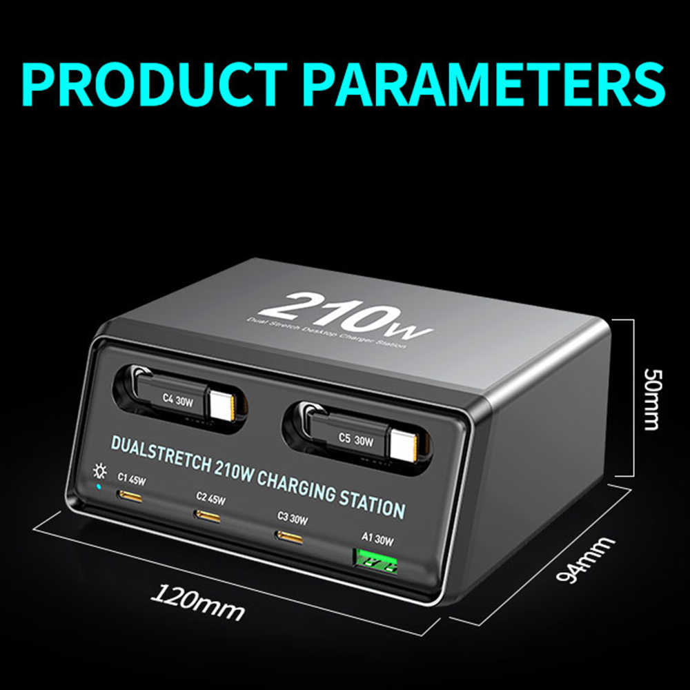 Oplader Station Med USB-C Kabel OEM WLX-60E, 210W, 3A, 1 x USB-A - 3 x USB-C, Grå