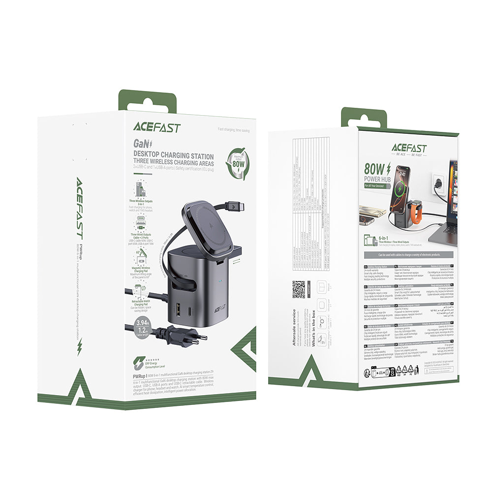 Opladerstation med USB-C kabel Acefast Z9 QI 6in1, 80W, 1 x USB-C - 1 x USB-A, Sort