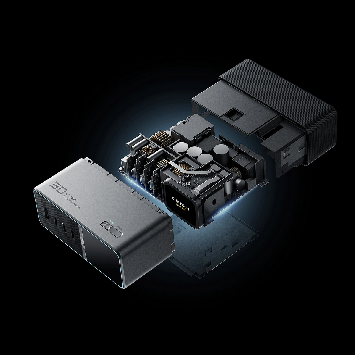 Cuktech TA3005U opladningsstation, 300W, 1 x DC - 1 x USB-A - 3 x USB-C, Grå