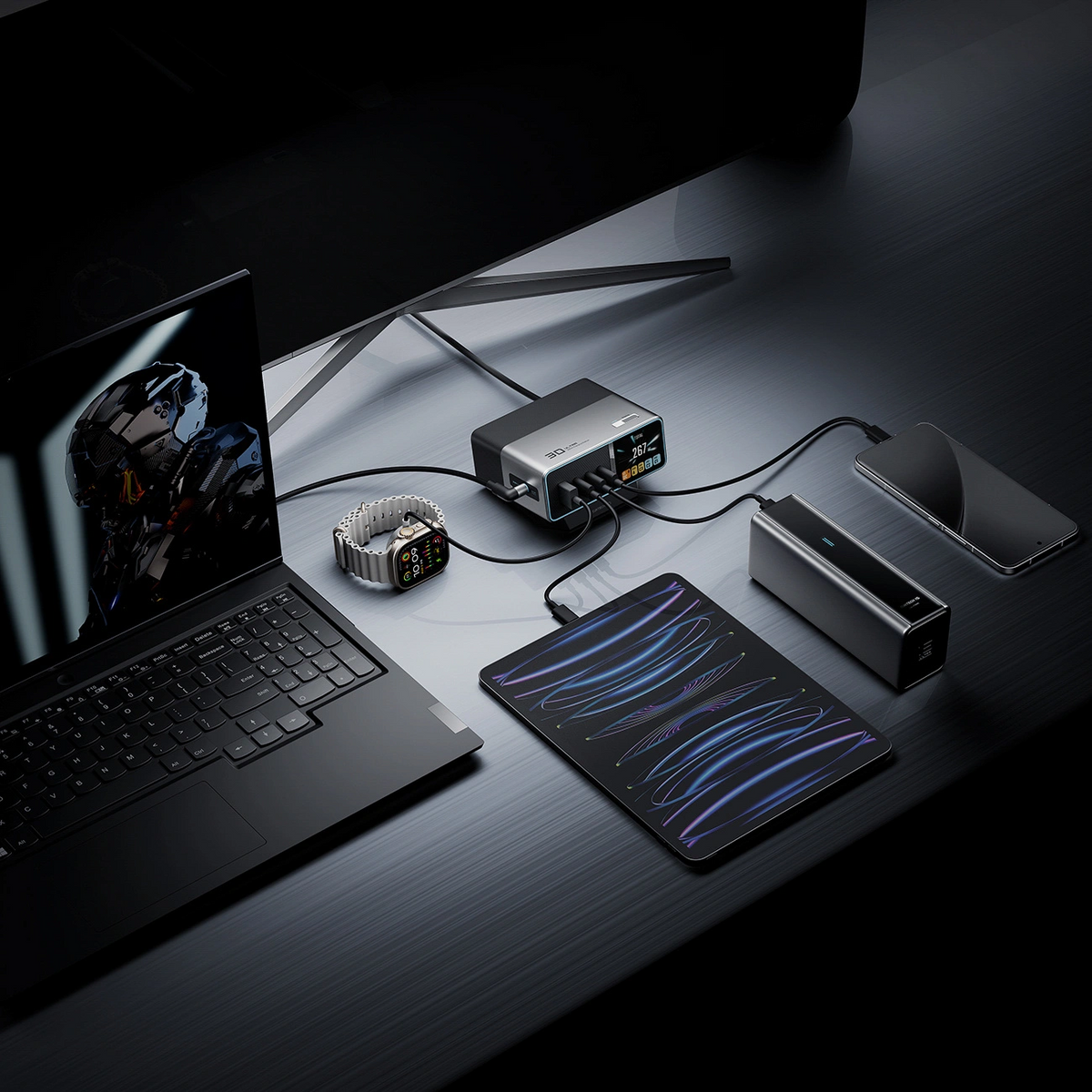 Cuktech TA3005U opladningsstation, 300W, 1 x DC - 1 x USB-A - 3 x USB-C, Grå