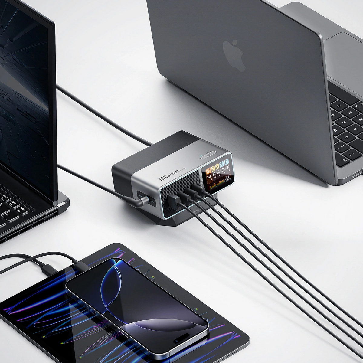 Cuktech TA3005U opladningsstation, 300W, 1 x DC - 1 x USB-A - 3 x USB-C, Grå