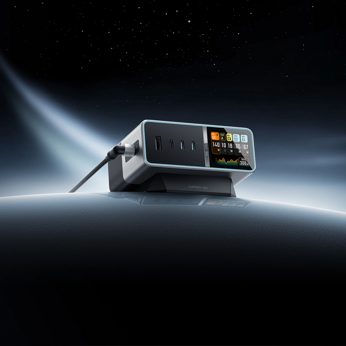 Cuktech TA3005U opladningsstation, 300W, 1 x DC - 1 x USB-A - 3 x USB-C, Grå