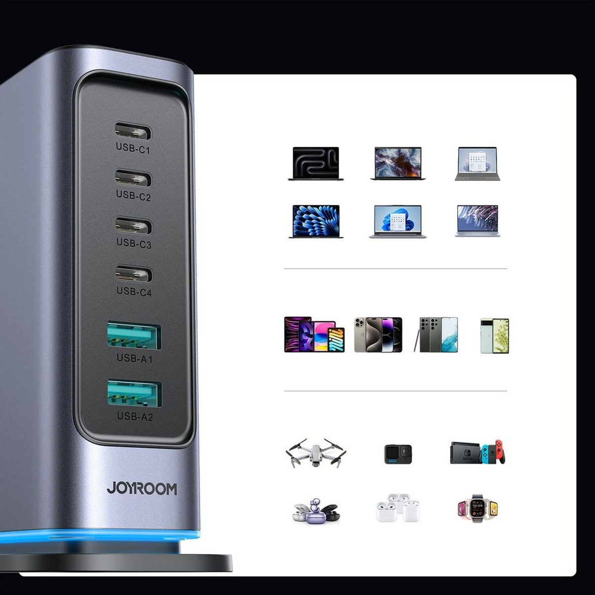 Joyroom JR-TCM02 UK Stationoplader, 65W, 3,25A, 2 x USB-A - 4 x USB-C, Grå