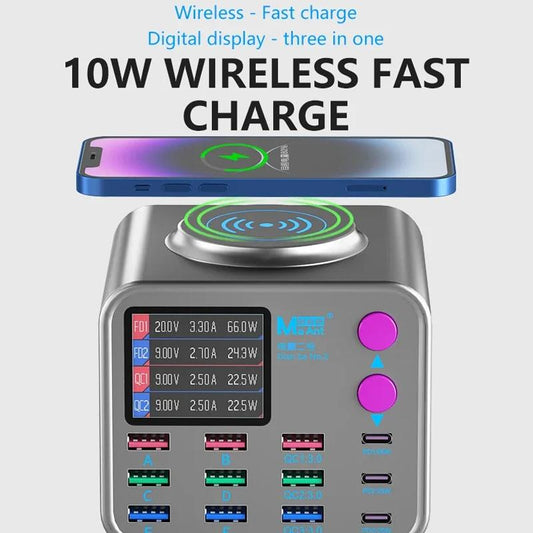 Opladerstation MaAnt DianBa No.2 QI, 300W, 3A, 3 x USB-C - 9 x USB-A, Grå