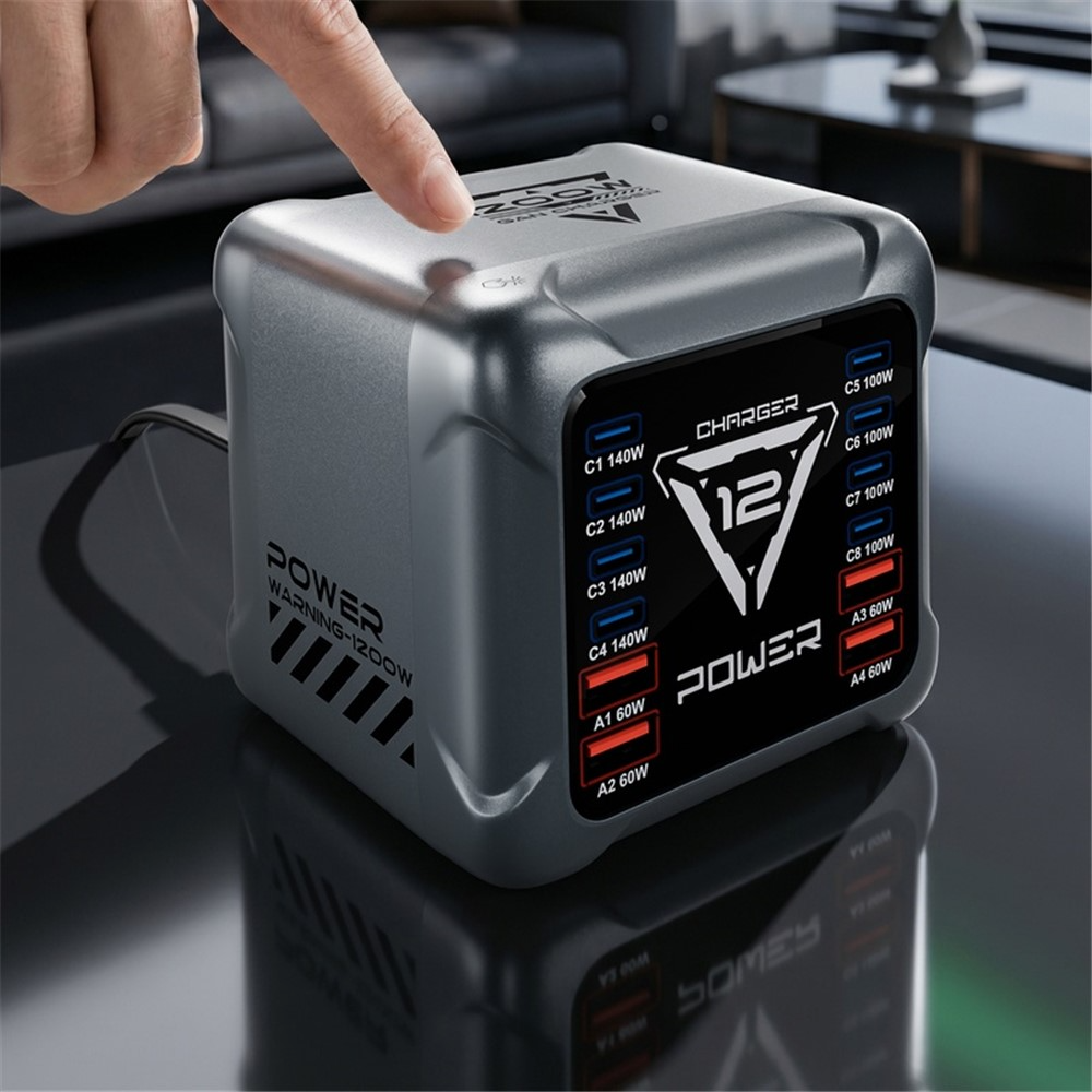 Oplader Station OEM BK-127D, 280W, 5A, 4 x USB-A - 8 x USB-C, Grå