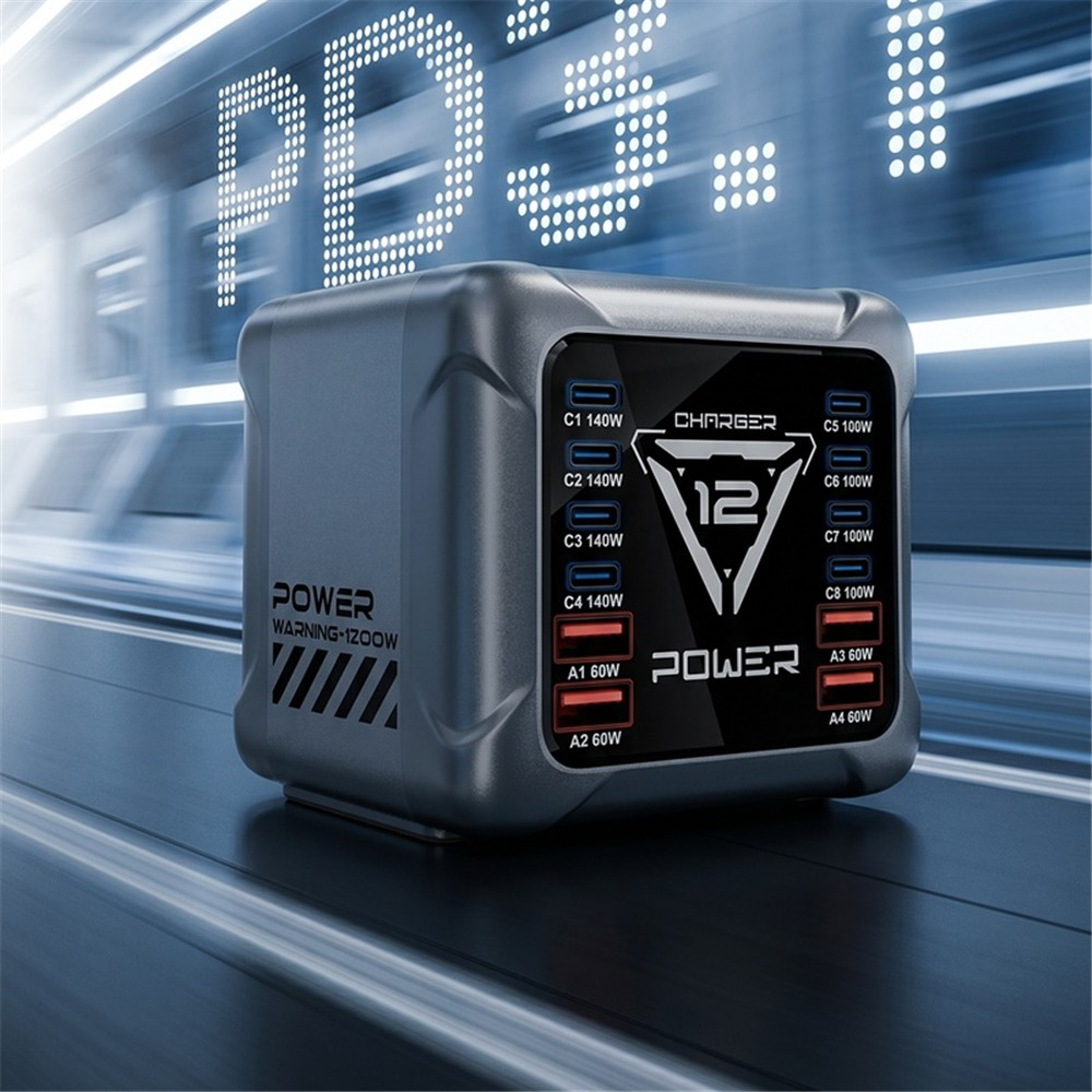 Oplader Station OEM BK-127D, 280W, 5A, 4 x USB-A - 8 x USB-C, Grå