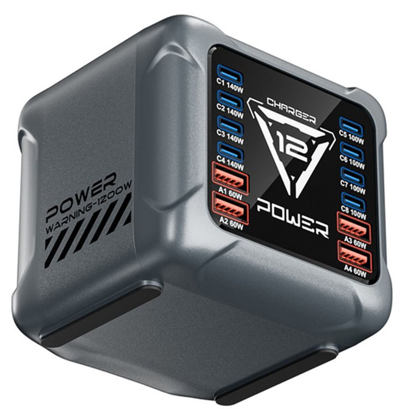 Oplader Station OEM BK-127D, 280W, 5A, 4 x USB-A - 8 x USB-C, Grå