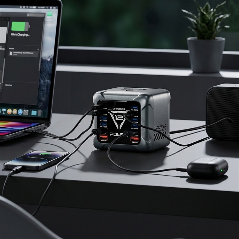 Oplader Station OEM BK-127D, 280W, 5A, 4 x USB-A - 8 x USB-C, Grå