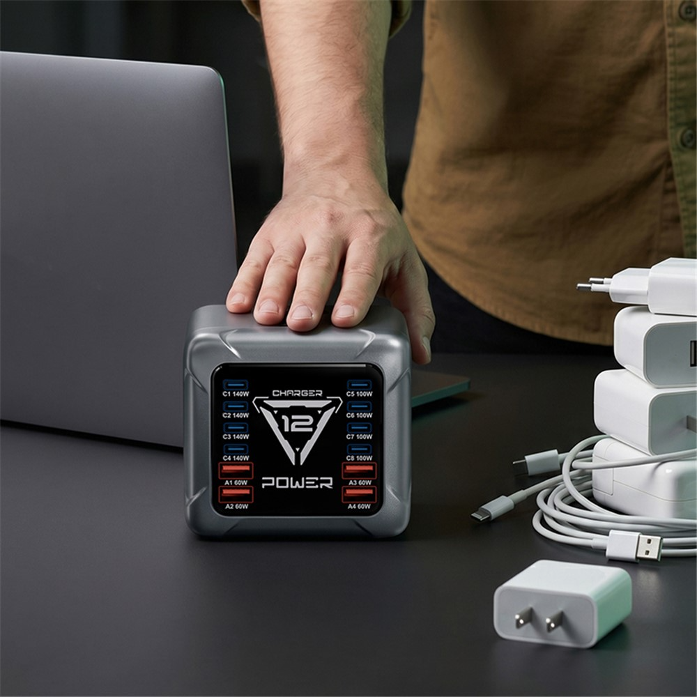 Oplader Station OEM BK-127D, 280W, 5A, 4 x USB-A - 8 x USB-C, Grå