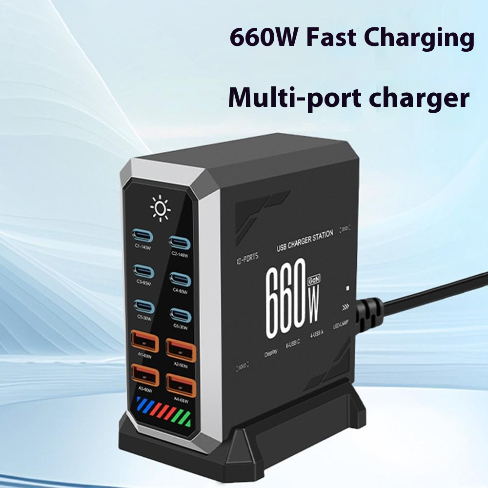 OEM HW18 Station Oplader, 660W, 5A, 4 x USB-A - 6 x USB-C, Sort