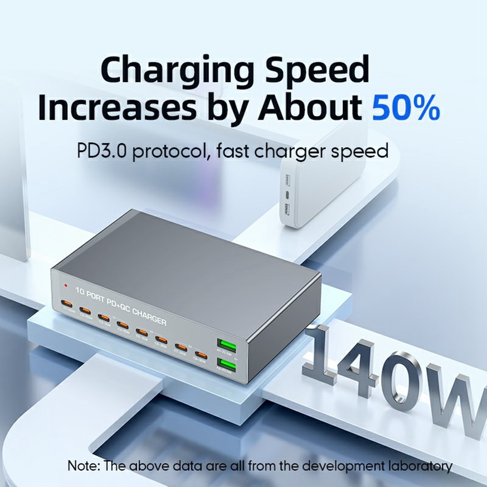 OEM WLX-X6Y Stationoplader, 140W, 5A, 2 x USB-A - 8 x USB-C, Sølv