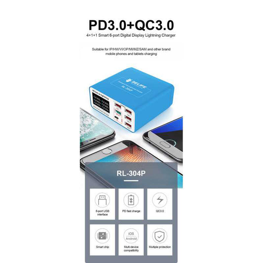 Opladerstation Relife RL-304P, 40W, 3A, 1 x USB-C - 5 x USB-A, Blå