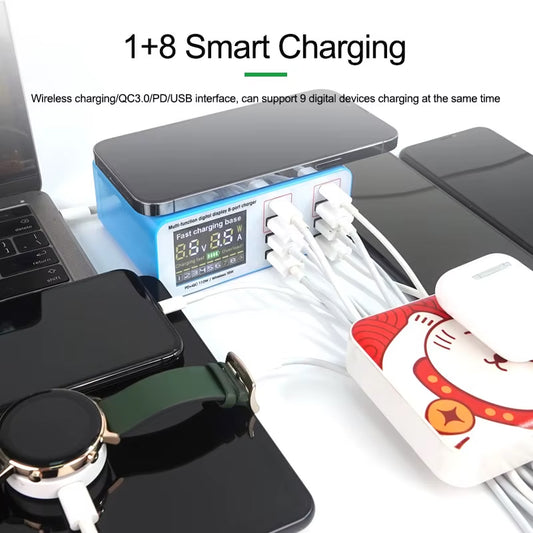 Opladerstation Relife RL-304S QI, 110W, 3A, 2 x USB-C - 6 x USB-A, Blå