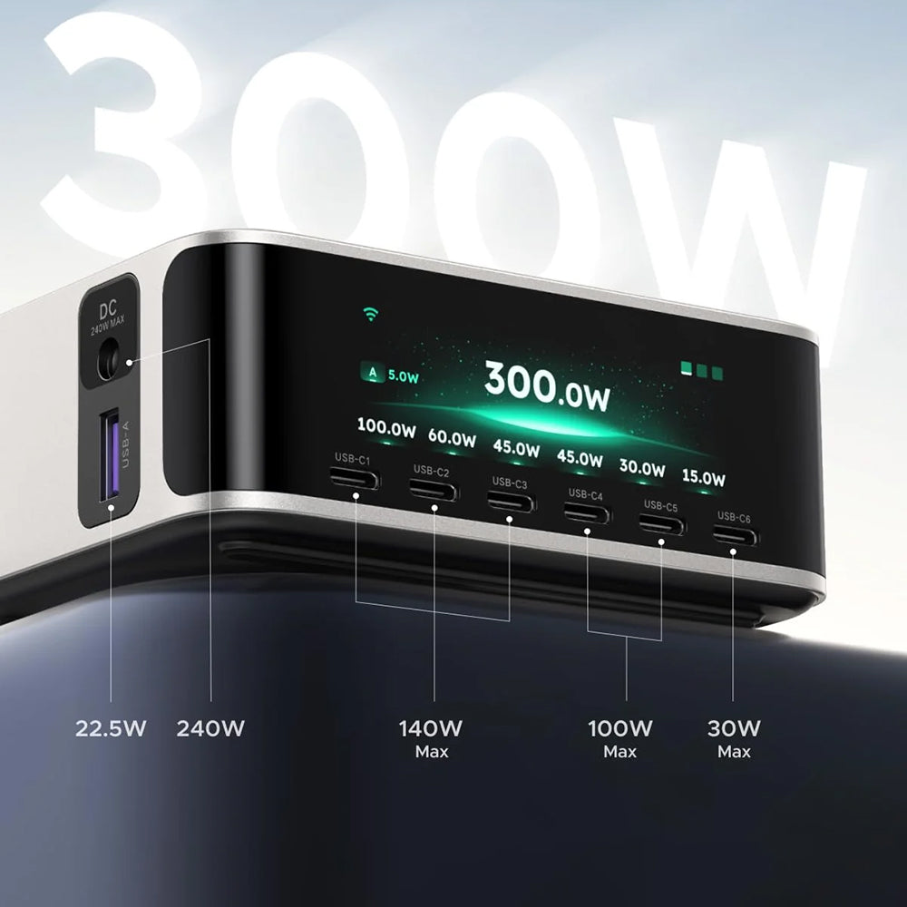 UGREEN Nexode Pro X783 (75753B) ladestation med display, 300 W, 5 A, 1 x USB-A – 6 x USB-C – 1 x DC, grå