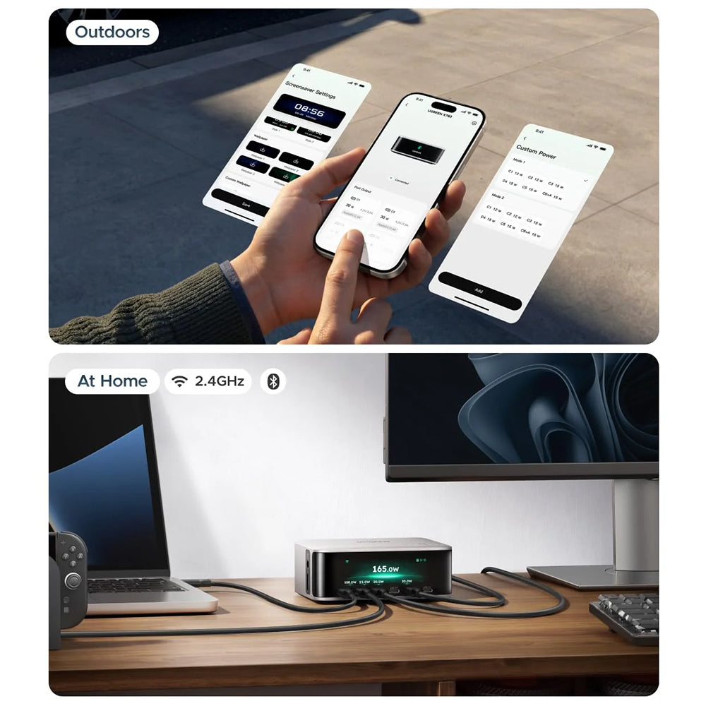 UGREEN Nexode Pro X783 (75753B) ladestation med display, 300 W, 5 A, 1 x USB-A – 6 x USB-C – 1 x DC, grå