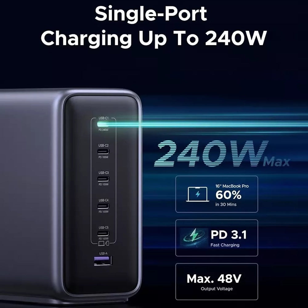 UGREEN Nexode X759 opladerstation (55550B), 500W, 5A, 1 x USB-A - 5 x USB-C, Grå