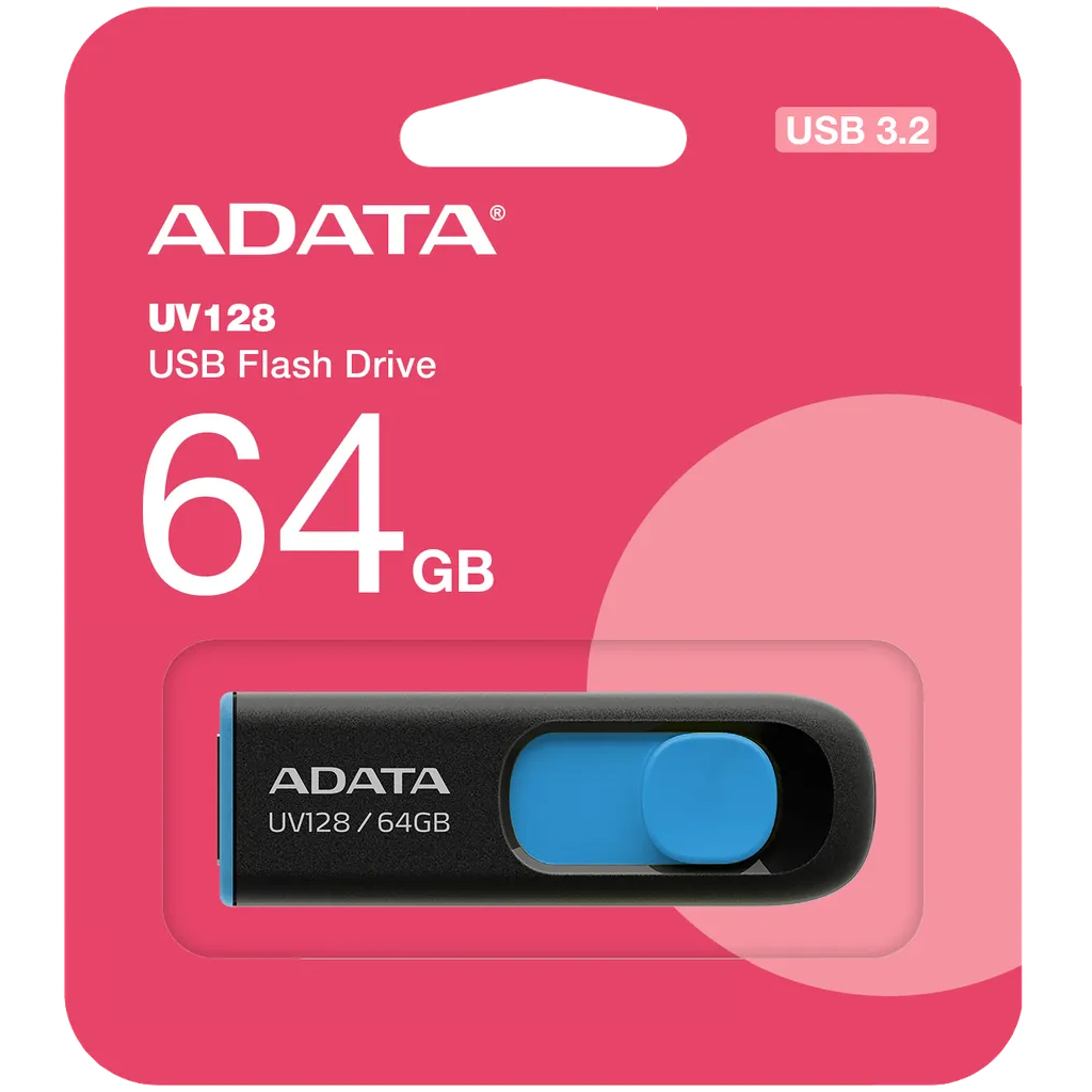 Ekstern USB-A 3.2 Adata UV128 hukommelse, 64Gb AUV128-64G-RBE