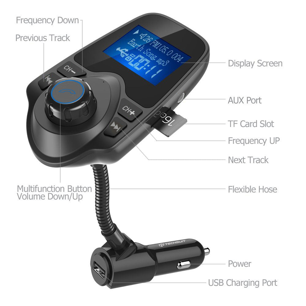 FM Bluetooth-modulator Techsuit MFM4, 1 x USB-A - 1 x 3,5 mm - 1 x microSD, Sort