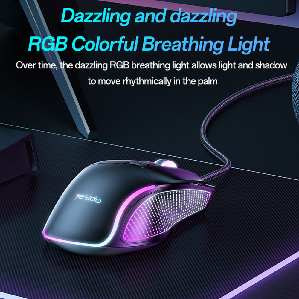 Gamingmus med kabel USB Yesido KB20, RGB, 1000DPI - 7200DPI, Sort