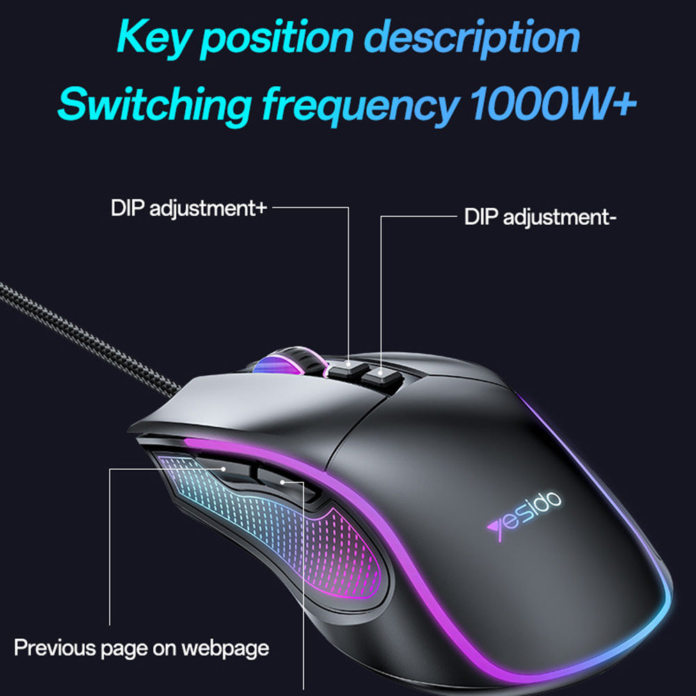 Gamingmus med kabel USB Yesido KB20, RGB, 1000DPI - 7200DPI, Sort