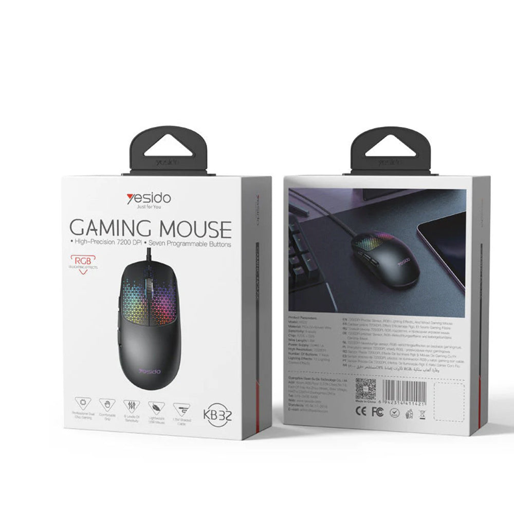 Gamingmus med kabel USB Yesido KB32, RGB, 7200DPI, Sort
