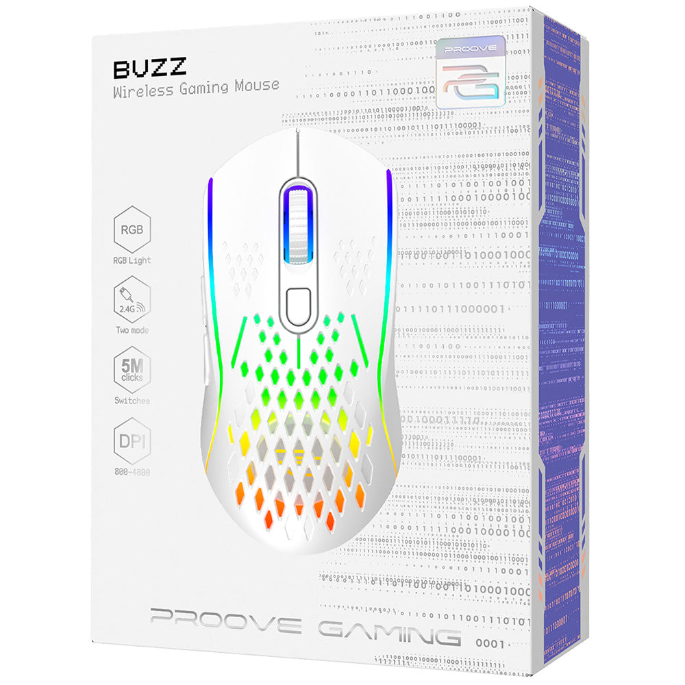 Gamingmus Proove Buzz, trådløs, RGB, 800DPI - 4800DPI, Hvid WMBU00022402
