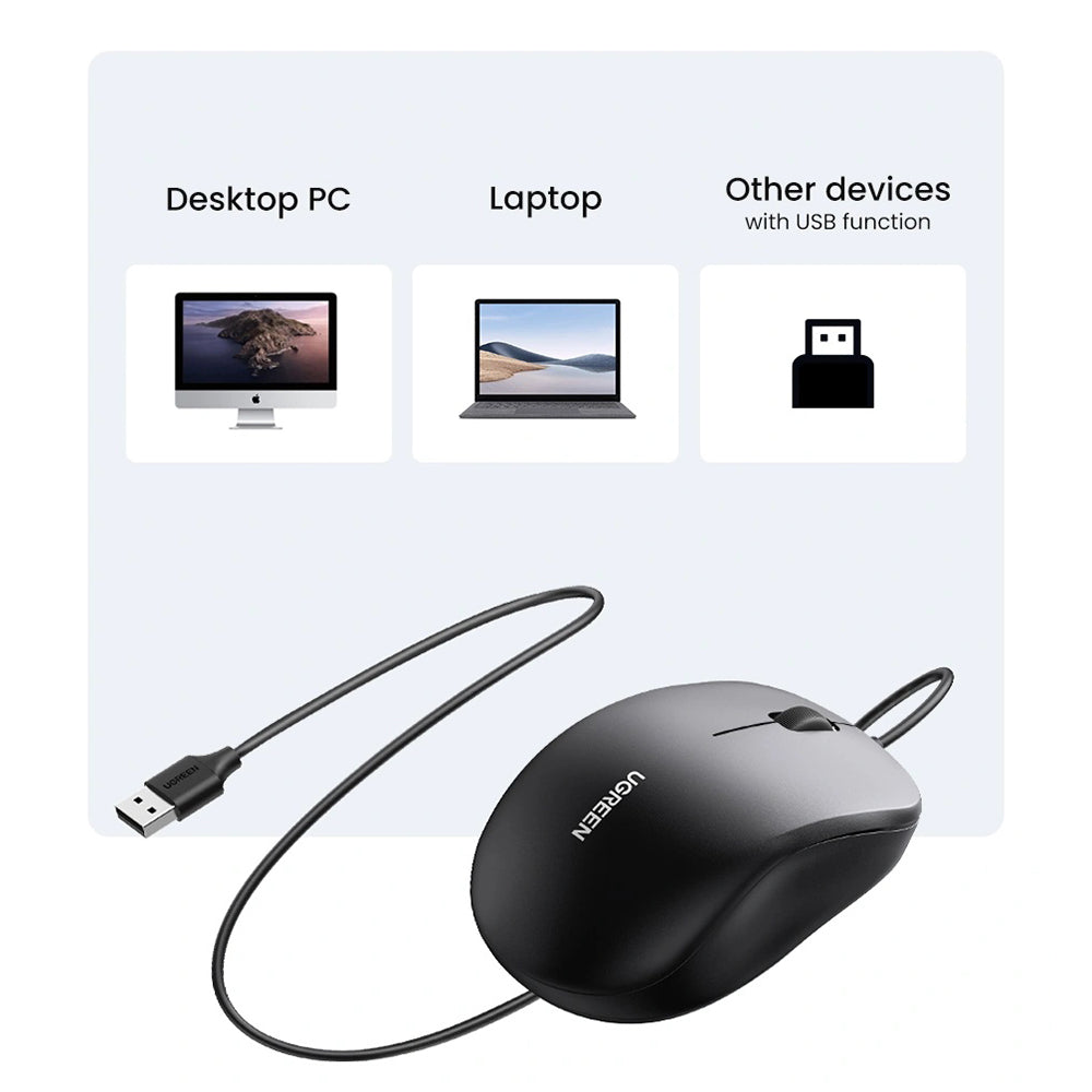 Mouse Wired USB UGREEN MU007, 1200DPI, 1,5m, Sort