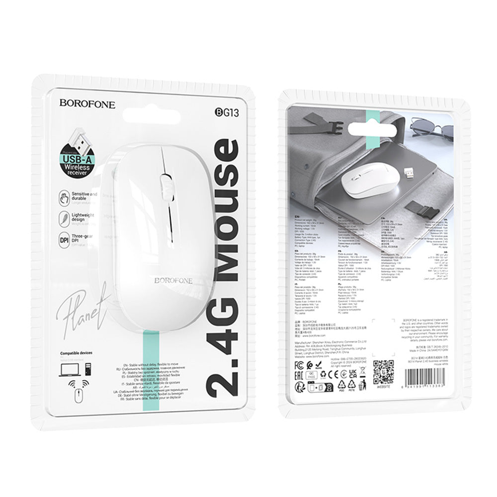 Trådløs Mus Borofone BG14 Planet, 1000DPI, BT / Wi-Fi, Hvid