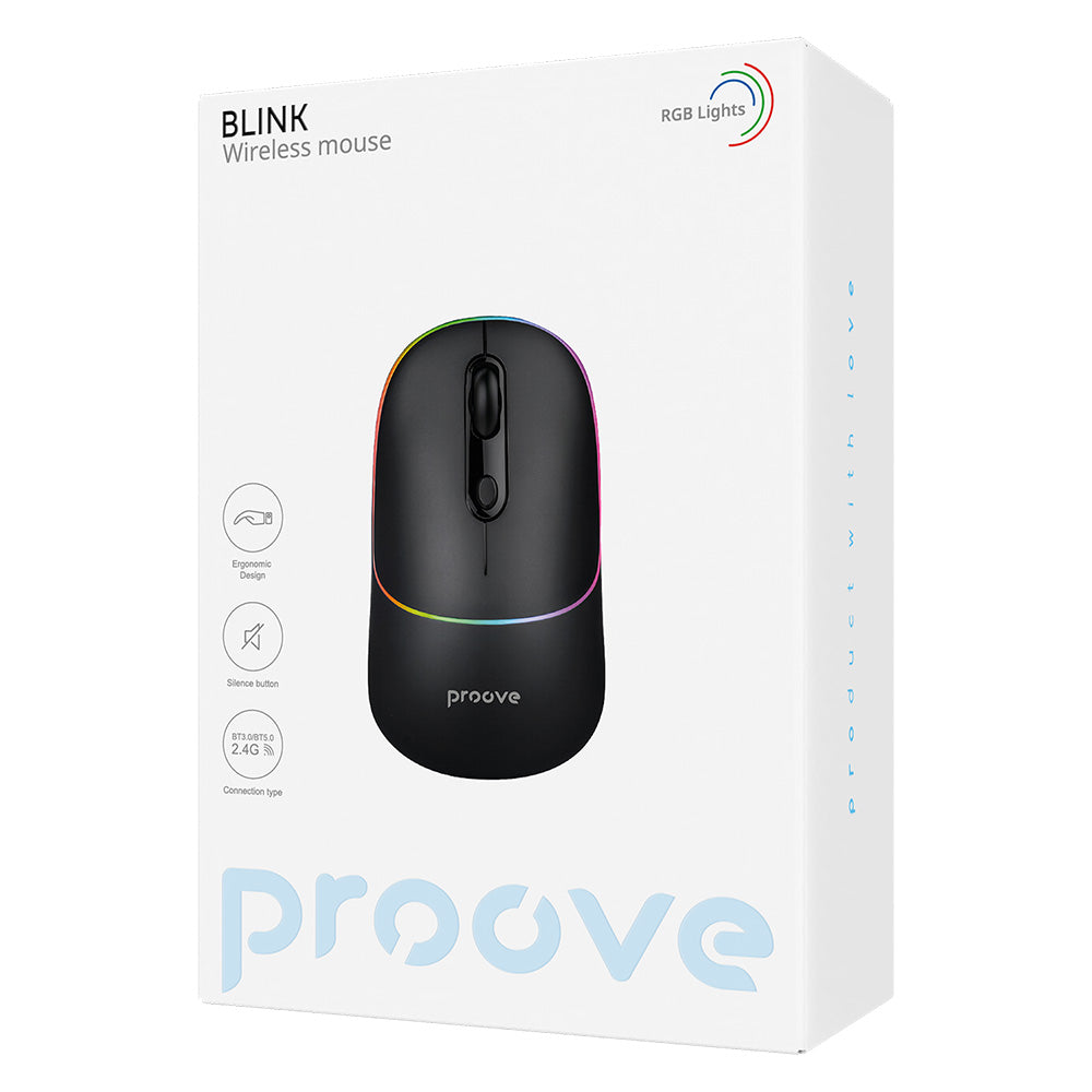 Trådløs mus Proove Blink, RGB, 800DPI - 1600DPI, BT / Wi-Fi, Sort WMBL00002001