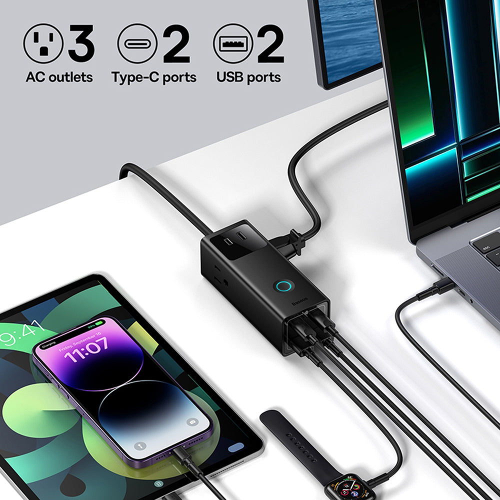 Baseus PowerCombo US Extension Cord, 3 x Socket - 2 x USB-A - 2 x USB-C, Black PSLA020101