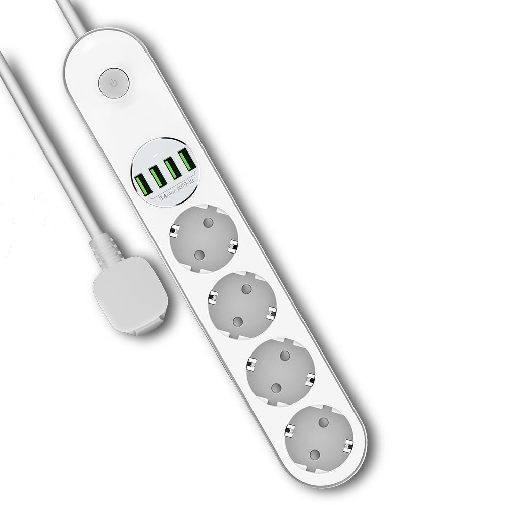 ColorWay forlængerledning, 4 x Schuko - 4 x USB-A, Hvid