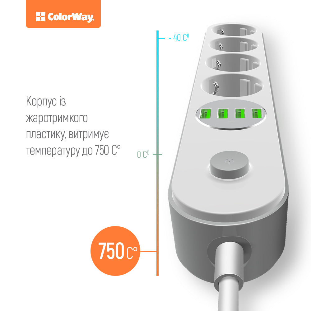 ColorWay forlængerledning, 4 x Schuko - 4 x USB-A, Hvid