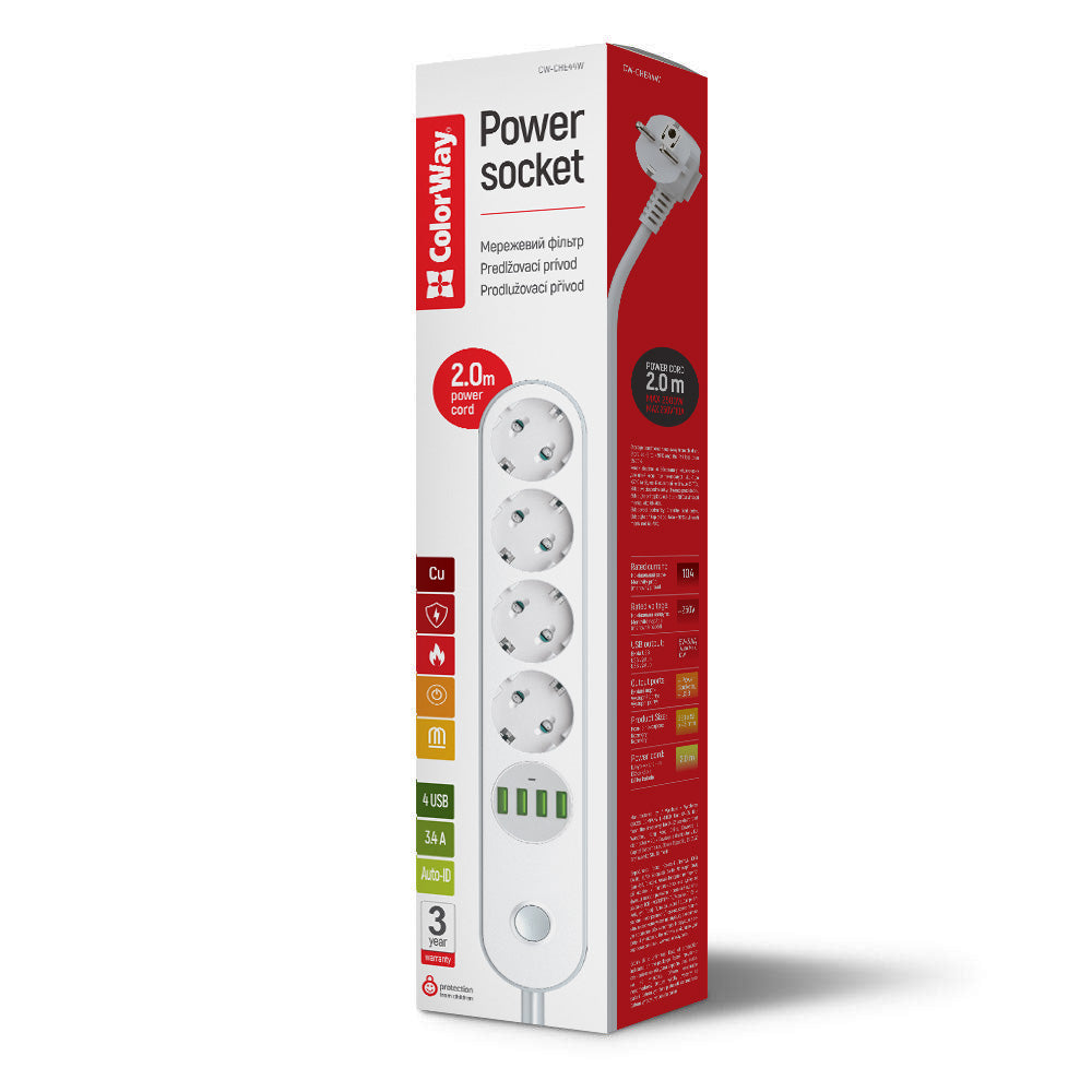 ColorWay forlængerledning, 4 x Schuko - 4 x USB-A, Hvid