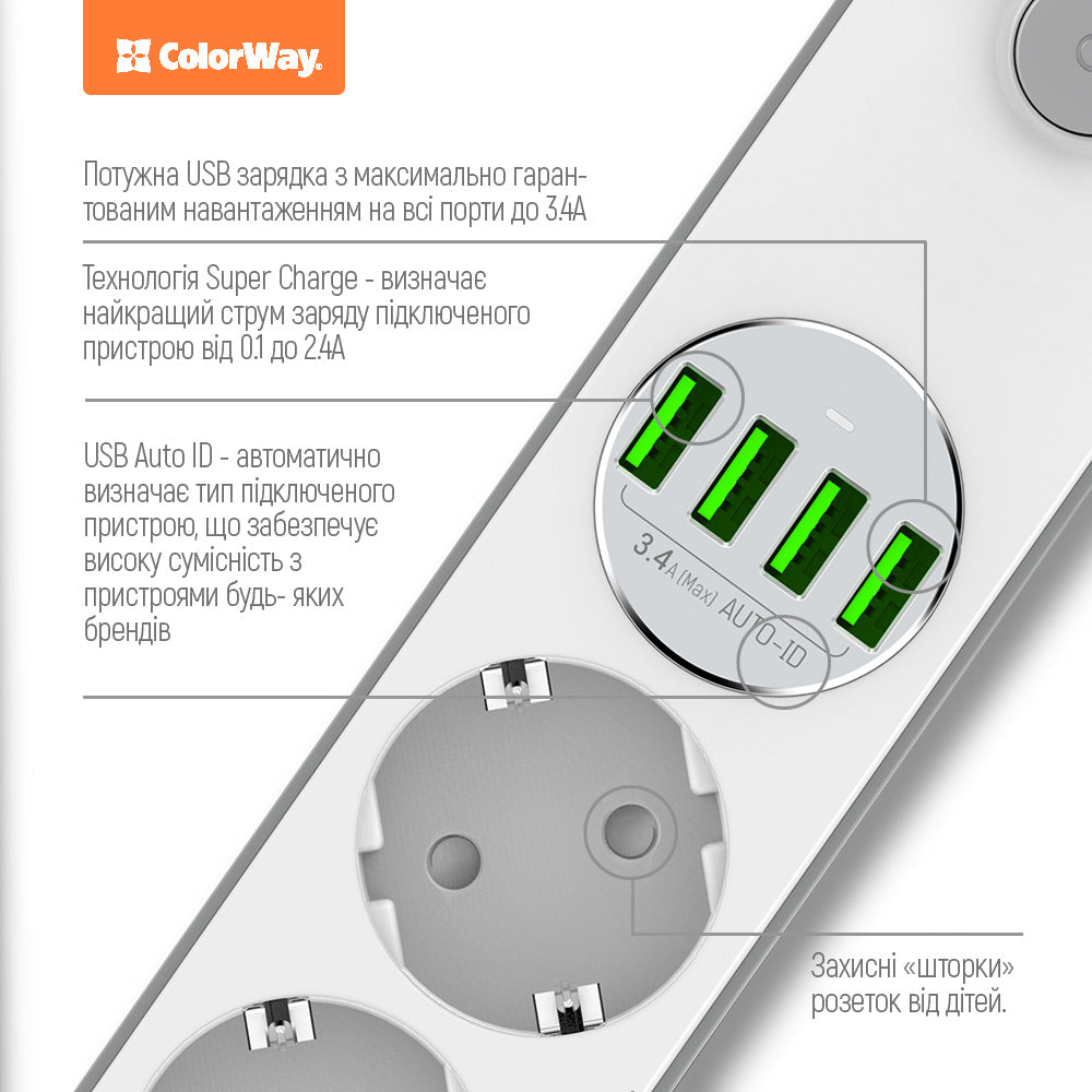 ColorWay forlængerledning, 4 x Schuko - 4 x USB-A, Hvid
